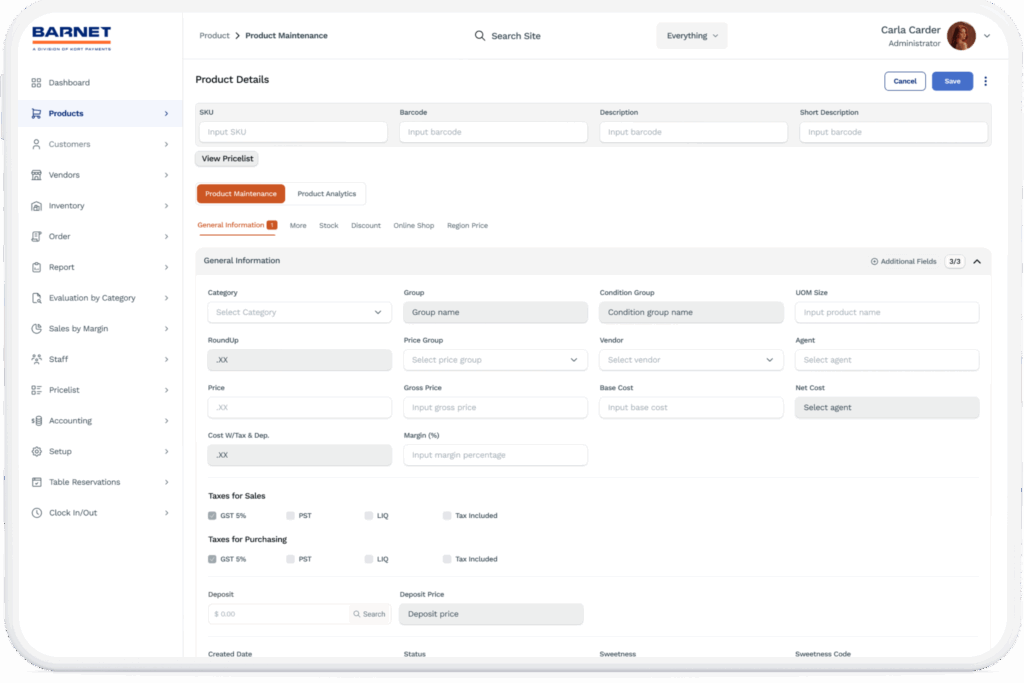 Barnet dashboard product details